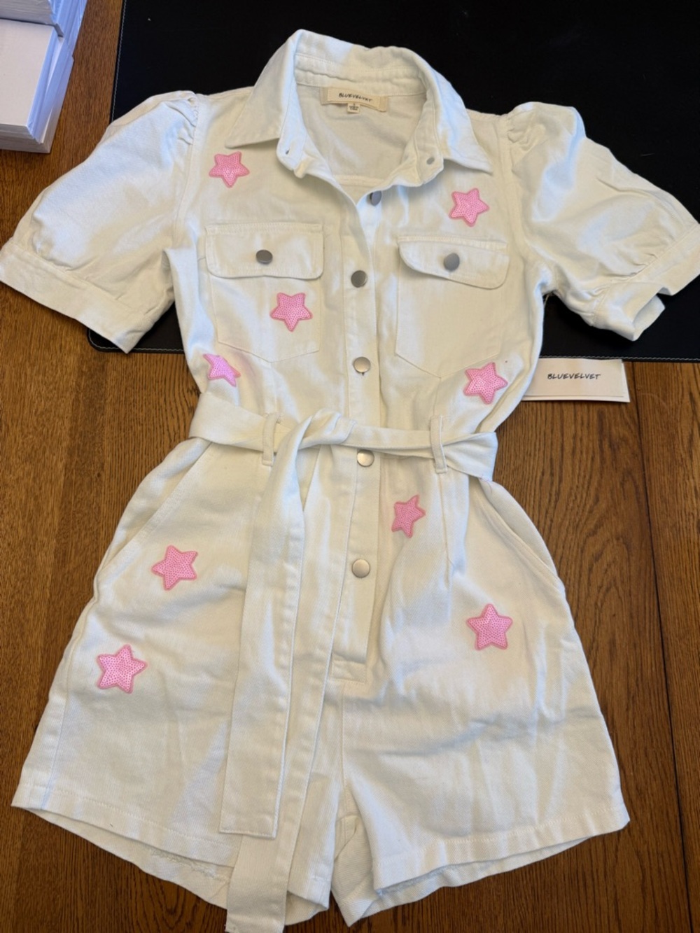 White Short Romper with Pink Star Appliqués by Blue Velvet